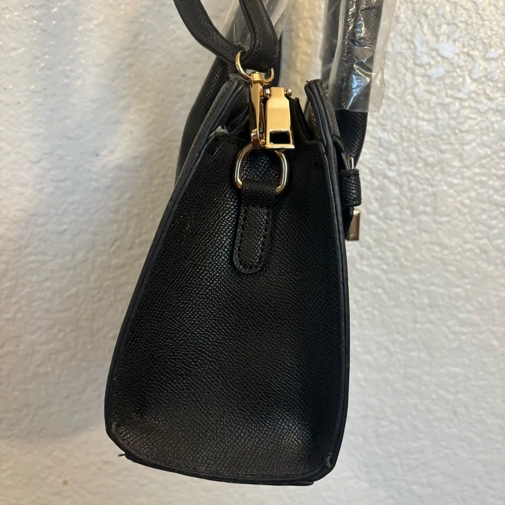 Black Structured Top Handle Satchel Handbag Women Faux Leather Gold Lock